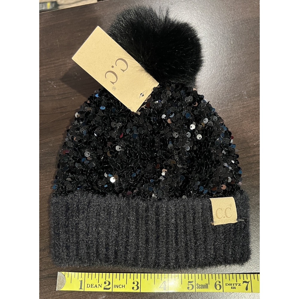 C.C Chenille Top Sequin Faux Fur‎ Pom Hat Black NWT